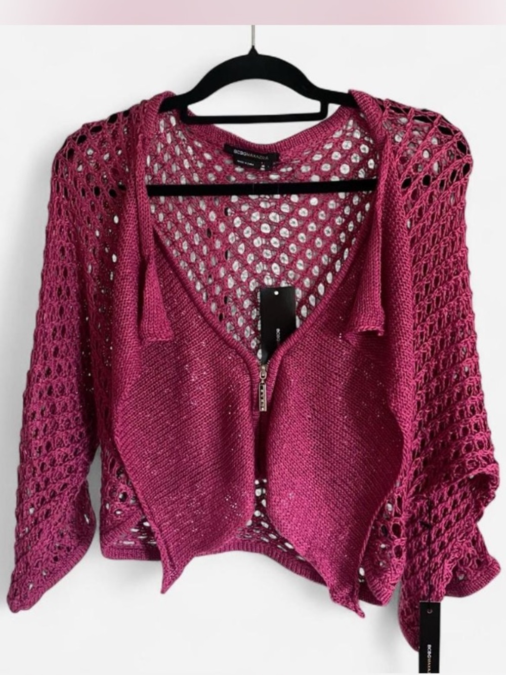 BCBG Fuchsia Open-Knit Zip Front Cardigan